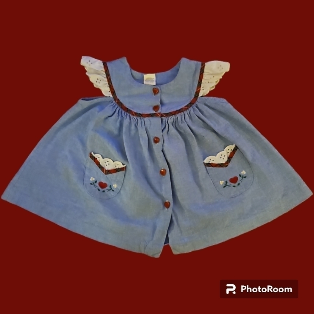 Vtg Baby Togs Heart Plaid Lace Button Down Chambray Summer Valentine's Dress